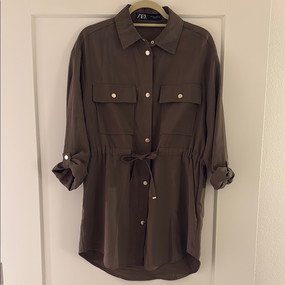 Zara Olive Green Button-Up Shirt Dress